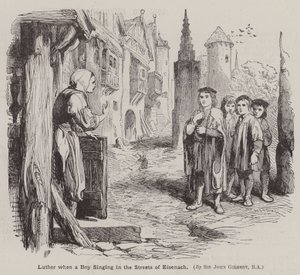 Maarten Luther als jongen zingend in de straten van Eisenach door John (after) Gilbert