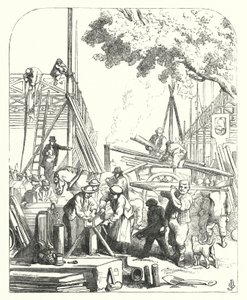 Arbeiders op de bouwplaats van het Crystal Palace, Hyde Park, Londen, locatie van de Grote Tentoonstelling van 1851 door John (after) Gilbert