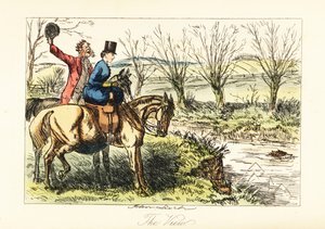Engelse jager en dame kijken naar een vos die een rivier overzwemt door John (after) Leech