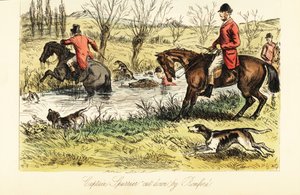 Engelse jager steekt een rivier over met vossenhonden door John (after) Leech
