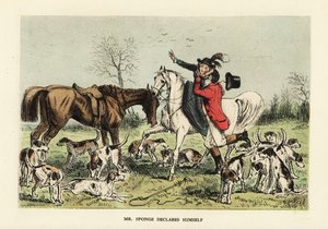 Jager in jachtroze omhelst een vrouw op een paard door John (after) Leech