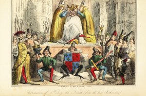 De kroning van koning Hendrik IV van Engeland met een enorme kroon door John (after) Leech