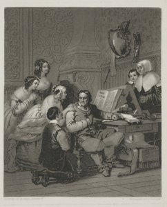 De familie van Cromwell smeekt om het leven van Karel I, prent gemaakt door Alfred Johannot