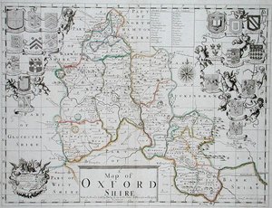 Kaart van Oxfordshire, gegraveerd en handgekleurd door John Oliver en Richard Palmer, gepubliceerd door Philip Lea, c.1690 door John (after) Sellar