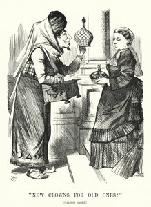 Punch cartoon: Nieuwe kronen voor oude. Benjamin Disraeli (als Aladdin) met koningin Victoria - de Royal Titles Act 1876 die de koningin erkent als keizerin van India (gravure)