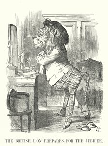 Punch cartoon: De Britse leeuw bereidt zich voor op het jubileum - Gouden Jubileum van koningin Victoria door John (after) Tenniel