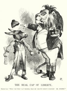 Punch cartoon: De echte Vrijheidsmuts - de superioriteit van de constitutionele monarchie van Groot-Brittannië boven het republicanisme (gravure) door John (after) Tenniel