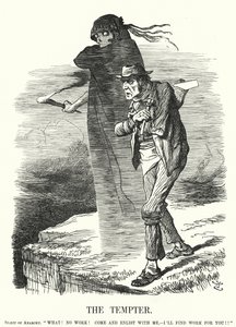 Punch cartoon: De verleider - verleiding van anarchisme voor de werklozen (gravure) door John (after) Tenniel