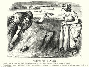 Punch cartoon: Wie is de Schuldige? - oproepen om actie te ondernemen om overstromingen van de Theems in Londen te voorkomen (gravure) door John (after) Tenniel