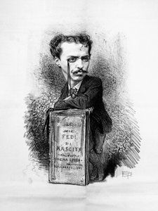 Karikatuurportret van Felice Carlo Emanuele Cavallotti (1842-1898), Italiaanse dichter, toneelschrijver, linksgeoriënteerde, antimonarchistische journalist, patriot en politiek leider, gravure