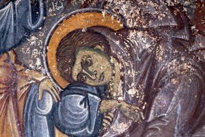 Beeld van heilige, door Ioannis Pagomenos, detail van fresco in Byzantijnse kerk van St George, Anidri, Kreta, Griekenland door Walter Charles Mills
