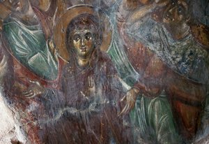 Fresco van heilige in de Byzantijnse kerk van Ayios Stephanos, Drakona, Kreta, Griekenland