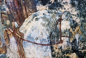Paard, beschadigd fresco op plafond in de kerk van Agios Vasileios, Vavouledo, Kreta, Griekenland door Walter Charles Mills