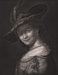 Portret van Saskia van Uylenburgh (1612-1642), vrouw van Rembrandt, gravure door L Raab naar schilderij van Rembrandt, uit Payne