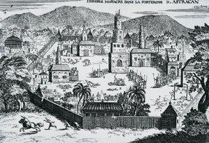 De Kozakken onder leiding van Stepan Razin vallen de vesting Astrakhan aan in 1670, Rusland