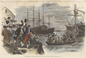 De Boston Tea Party - Vernietiging van de Thee in de Haven van Boston, 16 december 1773, uit Ballous Pictorial Drawing-Room Companion, uitgegeven 1865 door John Andrew