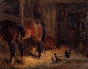 Een stalinterieur met paarden en kippen
