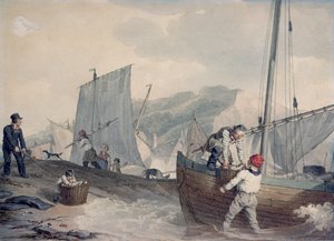 Vissersboten lossen (aquarel) door John Augustus Atkinson