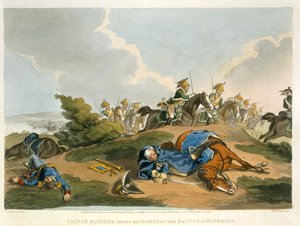 Prins Blucher onder zijn Paard bij de Slag om Waterloo, gegraveerd door Matthew Dubourg uit 
