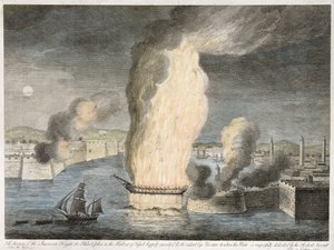 De verbranding van de Amerikaanse fregat de Philadelphia in de haven van Tripoli, 1805 (handgekleurde lijngravure op papier) door John B. Guerazzi