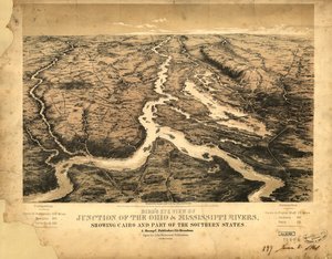 Vogelvlucht van de samenvloeiing van de Ohio  Mississippi, met zicht op Caïro en een deel van de zuidelijke staten LOC 99447003