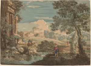 Heroïsch Landschap met Visser, Koeien en Ruiters door John Baptist Jackson after Marco Ricci