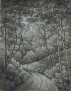 Landschap met een pad door een bos en een klassiek tempel