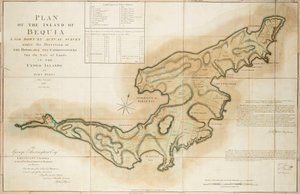 Plan van het eiland Bequia opgesteld door een daadwerkelijke enquête onder leiding van de Eerwaarde de Commissarissen voor de verkoop van land in de afgestane eilanden door John Byres Hoofdlandmeter 1776 door John Bayly