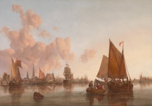 Zeilboten en schuiten op een Nederlandse (?) riviermonding