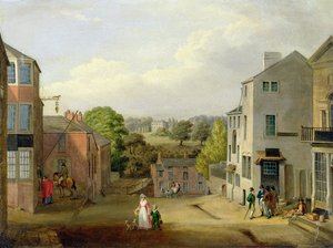 Straatscène in Chorley, Lancashire, met uitzicht op Chorley Hall