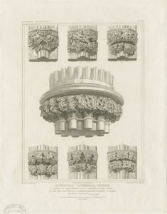 Interieur van Lichfield Cathedral - Clusterzuil in de kapittelzaal en consoles in de Mariakapel: gravure, nd [c 1819]