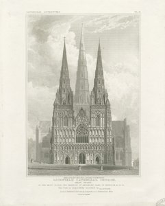 Lichfield Kathedraal - Westelijke Voorzijde: gravure, nd [ca. 1820] door John Britton