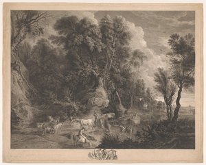 Landschap met herders en kudde bij een drinkplaats door John Browne