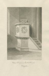 Kasteelkerk - Stenen preekstoel in kerk: sepia tekening door John Buckler