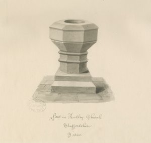 Doopvont in Audley Kerk: sepia tekening, 1840 door John Buckler