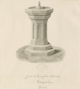Doopvont in Haughton Kerk: sepia tekening door John Buckler