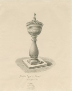 Doopvont in Ingestre Kerk: sepia tekening door John Buckler