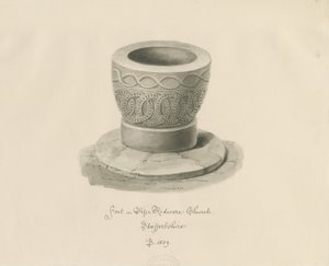 Doopvont in Pipe Ridware Church: sepia tekening door John Buckler