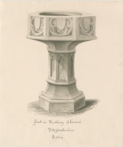 Doopvont in Tutbury Priory Kerk: sepia wassing tekening door John Buckler