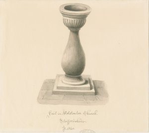 Doopvont in Wolstanton Kerk: sepia tekening door John Buckler