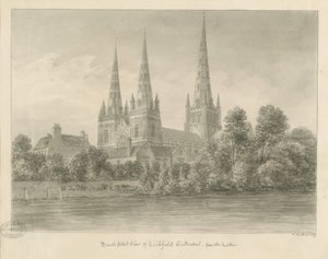 Lichfield Kathedraal - Zuidwestaanzicht: sepia tekening