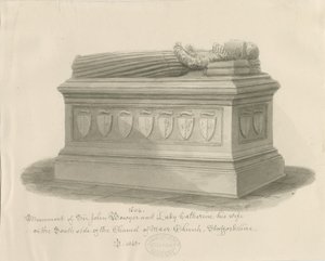 Maer Church - Monument voor Sir John Bowyer en Lady Catherine: sepia wash tekening, 1843 door John Buckler