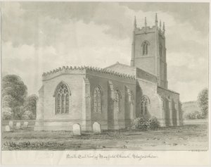 Mayfield Church: sepia tekening, 1844 door John Buckler