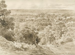 Patshull House en Park: sepia wassing tekening