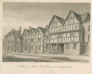 Tamworth - Oude Huizen in Church Street: sepia was tekening, 1838 door John Buckler