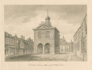 Tamworth - Het Markthuis: sepia tekening door John Buckler
