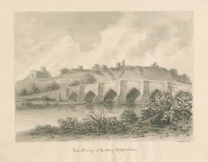 Tutbury Kasteel, Kerk en Brug: sepia wassing tekening door John Buckler