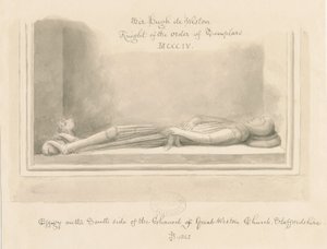 Weston-under-Lizard Church - Beeld van Sir Hugh de Weston: sepia tekening, 1842