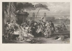 Feestend gezelschap in een park viert de overwinning bij Trafalgar door John Burnet