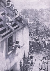 De aanval op Dukeld, 21 augustus 1689, illustratie uit Britse gevechten op land en zee, 1915 door John Cameron